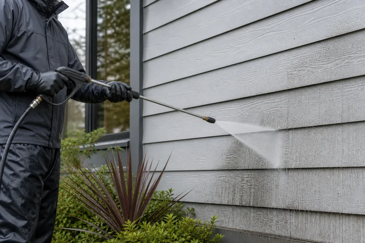 Illustrative soft washing of exterior cladding