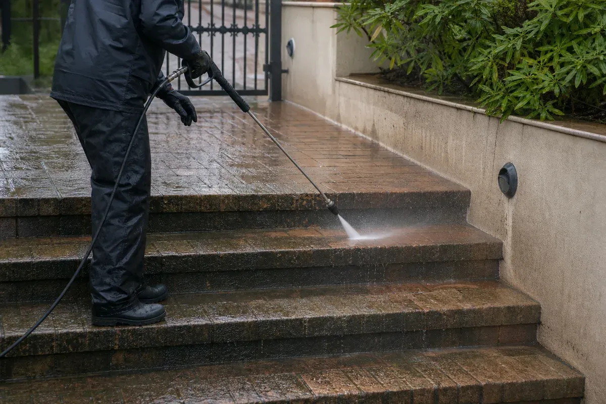 Illustrative pressure washing of brick entry steps with a lance