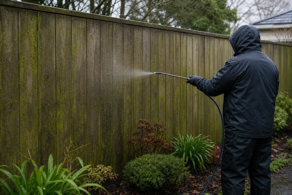 Illustrative low-pressure soft washing mist applied to a mossy timber privacy fence