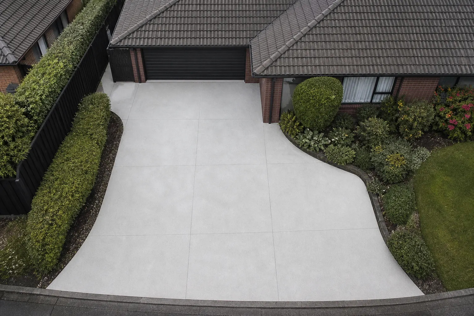 Freshly cleaned driveway and exterior with a restored surface appearance.